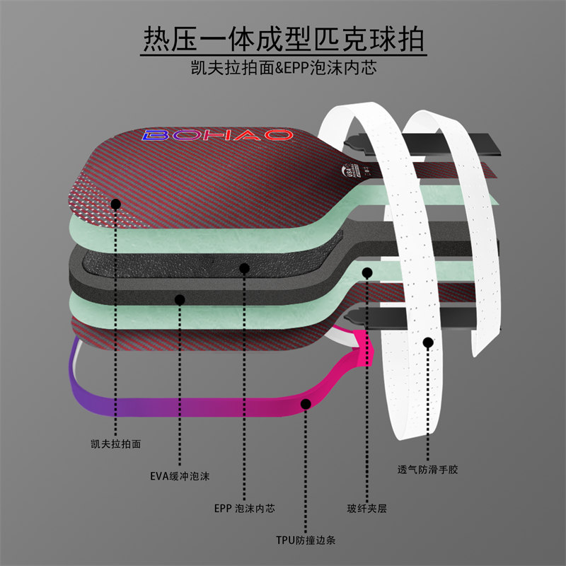 博皓BOHAO匹克球拍源頭工廠供應 熱壓一體芳綸纖維匹克球拍單拍送拍套+送球 多規格可定制   -2
